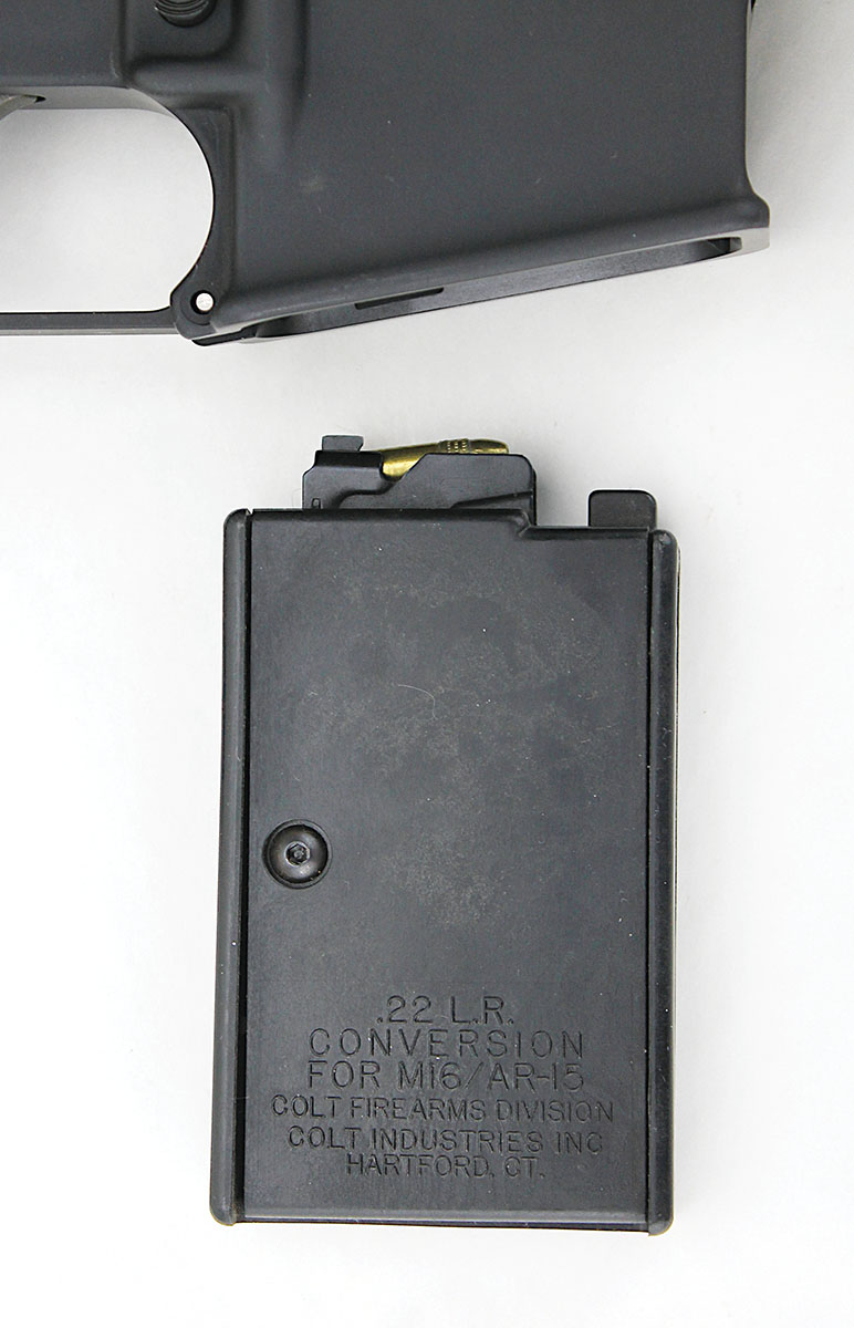 The conversion magazine fits the AR-15  magazine well while feeding 22 Long Rifle  cartridges.
